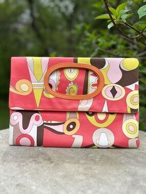 Handbag, Vintage Emilio Pucci Coral Abstract Foldover Bag/Clutch